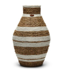 Rieten Vaas, Rond Met Streep - Emelisse - Bruin / Wit - Maat L
