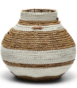 Rieten Vaas, Rond Met Streep - Emelisse - Bruin/ Wit - Maat S
