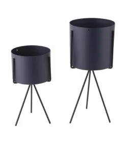 PRESENT TIME Plantenpot Set Pedestal - IJzer Nachtblauw - 29,5x12,5cm & 22x10,5cm