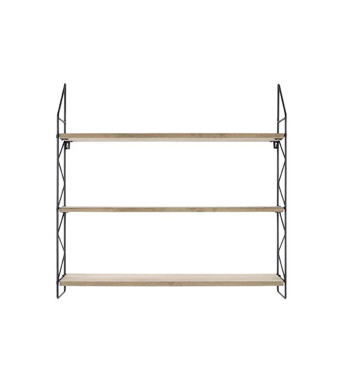 PRESENT TIME Wandrek Zig Zag - Zwart Met Houten Planken - 60x60x11cm 1 PRESENT TIME Wandrek Zig Zag - Zwart Met Houten Planken - 60x60x11cm