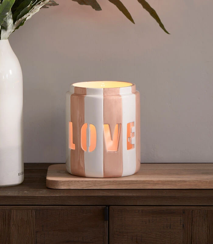 Windlicht Porselein Gesptreept Met Tekst - Love - Roze/ Wit 2 Windlicht Porselein Gesptreept Met Tekst - Love - Roze/ Wit - Afbeelding 2