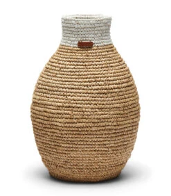 Rieten Vaas Droogbloemen, Ovaal Met Wit Detail - Sisal - Bruin / Wit