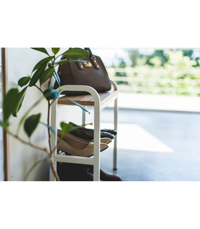 Yamazaki Shoe Rack With Wooden Board - Tower - White 2 Yamazaki Shoe Rack With Wooden Board - Tower - White - Afbeelding 2